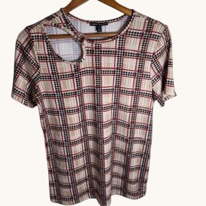 Como Black Plaid Short Sleeve Top Rhinestone Ring Shoulder Cutout Tan Red Mens M